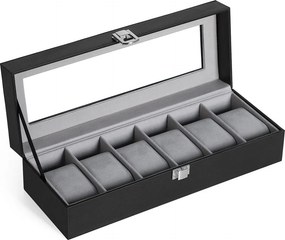 Box na hodinky so skleneným vekom, so 6 priehradkami, čierny