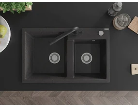 Mexen Tomas, granitový drez 800x500x190 mm, 2-komorový a čierna batéria Duero, čierna škvrnitá, 6516-76-671600-70