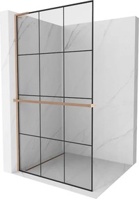 Mexen Kioto+ L, sprchová zástena Walk-In s poličkou a vešiakom 100 x 200 cm, 8mm číre sklo čierny vzor, medený matný profil, 800-100-123-65-77