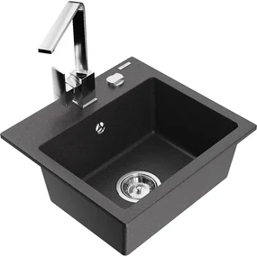 Mexen Milo, 1-komorový granitový drez 435x410x171 mm a chrómová batéria Rita, čierna škvrnitá, 6505-76-670300-00