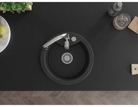 Mexen Diego, 1-komorový granitový drez 488x488x167 mm a drezová batéria Savita, čierna-strieborná metalíza, 6512-73-672601-00