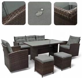 Ratanová súprava so stolíkom, pohovkou a 2 kreslami - hnedá + sivé vankúše