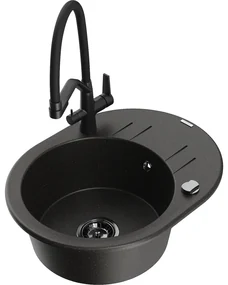 Mexen Kevin, granitový drez 586x458x190 mm, 1-komorový a biela batéria Duo, čierna-zlatá metalíza, 6517-75-671701-70-B