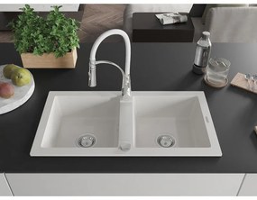 Mexen Mario, granitový drez 820x436x161 mm, 2-komorový a drezová batéria Aster, biela, 6504-20-73450-02