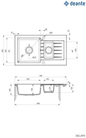 Deante Zorba, granitový drez 760x440x164 mm Z/O, 3,5" + priestorovo úsporný sifón, 1,5-komorový, antracitová metalíza, DEA-ZQZ_T513