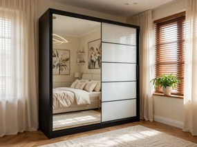 Šatníková skriňa 200 cm Belini čierny mat /biely lesk s posuvnými dverami zrkadlom a zásuvkami  MGB SZP5/1/B/1L5W/KLP