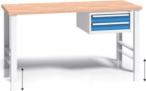 Výškovo nastaviteľný pracovný stôl do dielne G3 so závesným boxom na náradie, buková škárovka, 2 zásuvky, 1500 x 685 x 840 - 1050 mm, modrá