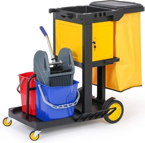 Profesionálny upratovací vozík so 2 vedrami, držiakmi mopov, skrinkou a vrecom s vekom, 1120 × 710 × 990 mm