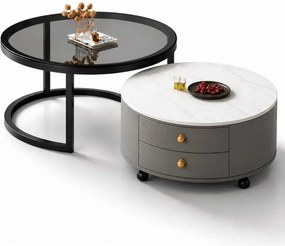 LuxuryForm DESIGN Konferenčný stolík ORION 70 × 70 / 50 × 50 cm – sivý / biely mramor + sklo (set 2 ks)