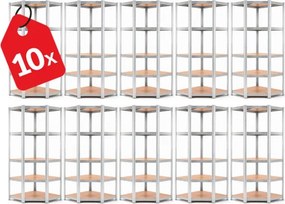 Akcia 10x Regál 180x90x40 cm rohový pozinkovaný 5-polícový, nosnosť 875 kg