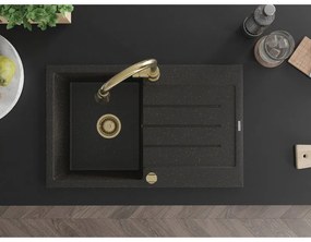 Mexen Bruno, 1-komorový granitový drez 795x495x200 mm a drezová batéria Elia, čierna-zlatá metalíza, 6513-75-670101-50