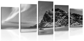 5-dielny obraz obraz polárna žiara v Nórsku v čiernobielom prevedení - 200x100