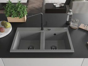 Mexen Hektor, 2-komorový granitový drez 800x480x205 mm, šedá, grafitový sifón, 6521802000-71-B