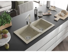 Mexen Mario, granitový drez 820x436x161 mm, 2-komorový, béžová s chrómovým sifónom a chrómová drezová batéria Rita, 6504-69-670300-00