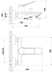 Aqualine, BOLERO Nástenná vaňová batéria, rozteč 150mm, chróm, BC010