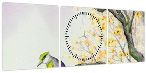 Obraz - Akvarelový vtáčik na strome (s hodinami) (90x30 cm)