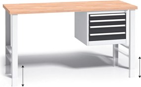 Výškovo nastaviteľný pracovný stôl do dielne G3 so závesným boxom na náradie, buková škárovka, 4 zásuvky, 1500 x 685 x 840 - 1050 mm, grafit