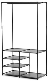 Stojan na šaty dvouramenný se čtyřmi policemi, černá barva, kov / plast, chrom