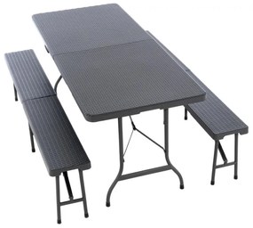 Záhradný set, 2 lavice a stôl v ratanovom dizajne - antracit