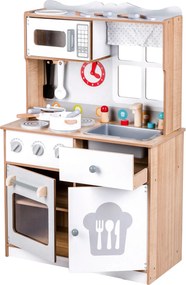 Veľká drevená kuchynka ECOTOYS pre deti s 16 doplnkami, rúra a mikrovlnka