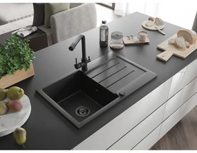 Mexen Bruno, 1-komorový granitový drez s odkvapkávačom 795x495x200 mm a čierna batéria Duero, čierna-strieborná metalíza, 6513-73-671600-70-B