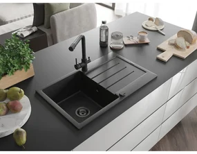 Mexen Bruno, 1-komorový granitový drez s odkvapkávačom 795x495x200 mm a čierna batéria Duero, čierna-strieborná metalíza, 6513-73-671600-70-B
