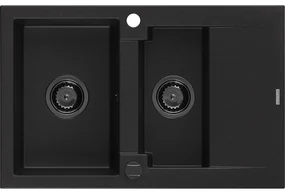 Mexen Gaspar, granitový drez 737x475x177 mm, 1,5-komorový, čierna s čiernym sifónom, 6507731505-77-B