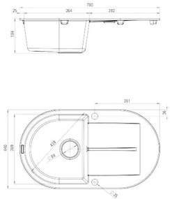 Deante Piva, granitový drez na dosku 780x440x194 mm Z/O, 3,5" + priestorovo úsporný sifón, 1-komorový, grafitová, ZQI_211B