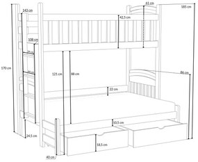 Detská poschodová posteľ z masívu borovice s rozšíreným spodným lôžkom LUKÁŠ so šuplíkmi - 200x90/140 cm - BIELA