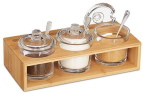 Sada 3 sklenených koreničiek Relaxdays RD2147 na bambusovom stojane – elegantné servírovanie