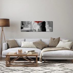 Obraz - Zamilovaný pár pod dáždnikom, červený (s hodinami) (90x30 cm)