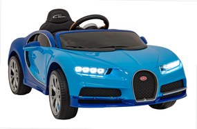 Ramiz Bugatti Chiron batérie pre deti Modrá + Diaľkové ovládanie + Nosič batožiny + EVA + Tlmiče + LED Audio