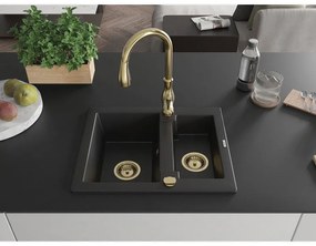 Mexen Carlos, 1,5-komorový granitový drez 582x475x177 mm a drezová batéria Savita, čierna, 6518-77-672601-50