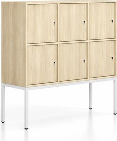 Kancelárska skriňa FRAME, nízka, biela podnož, 6x dvere, 1299 x 450 x 1331 mm, cylindrický zámok, dub prírodný