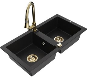 Mexen Mario, 2-komorový granitový drez 820x436x161 mm a drezová batéria Elia, čierna, 6504-77-670101-50