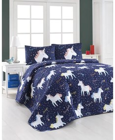 Set prešívaného prehozu a 2 obliečok na vankúše Eponj Home Magic Unicorn Dark Blue, 200 x 220 cm
