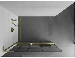 Mexen Kioto+ L, sprchová zástena Walk-In s poličkou a vešiakom 70 x 200 cm, 8mm číre sklo čierny vzor, zlatý matný profil, 800-070-123-55-78