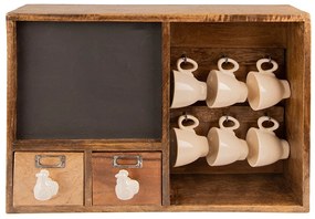 Drevená nástenná skrinka s tabuľkou, šuplíčky a hrnčeky Chick Bei - 45*10*30 cm