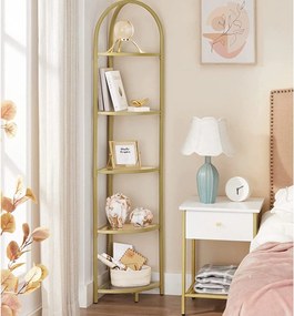 Sklenená rohová polica, 5-úrovňový regál, zlatá farba