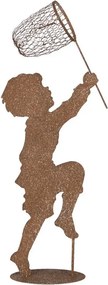 Hrdzavá kovová dekorácia chlapec so sieťkou a motýlikom - 33*13*88 cm
