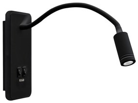 LED Flexibilná nástenná lampička s USB BASE 1xLED/8W+1xLED/2W/230V čierna
