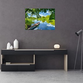 Sklenený obraz letné rieky s loďkou (70x50 cm)