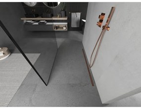 Mexen Kioto, priechodná sprchová zástena 130 x 200 cm, 8mm sklo číre s čiernym rámom, 2x zlatá stabilizačná rozpera, profil ružové zlato, 800-130-002-60-70