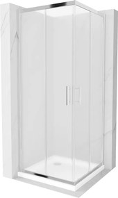 Mexen Rio, štvorcový sprchovací kút s posuvnými dverami 70(dvere) x 70(dvere) x 190 cm, 6mm sklo námraza, chrómový profil + biela sprchová vanička SLIM, 860-070-070-01-30-4010