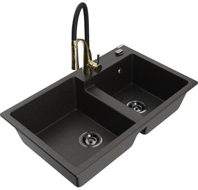 Mexen Tomas, 2-komorový granitový drez 800x500x190 mm a drezová batéria Aster, čierna-zlatá metalíza, 6516-75-73450-57-B