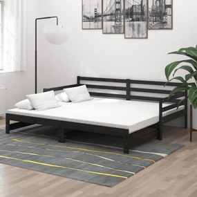 Rozkladacia denná posteľ 2x(90x200)cm, čierna, borovicový masív