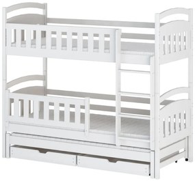 Detská poschodová posteľ z masívu BOHDANA s prístelkou a šuplíky - 200x90 cm - BIELA