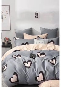 Sivo-béžové predĺžené obliečky na dvojlôžko z bavlny Renforcé s plachtou/4-dielne 200x220 cm Double Heart – Mila Home