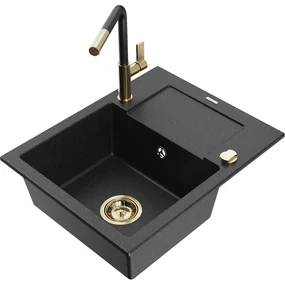Mexen Enzo, 1-komorový granitový drez 576x465x174 mm a drezová batéria Flora, čierna-strieborná metalíza, 6506-73-670401-57-G