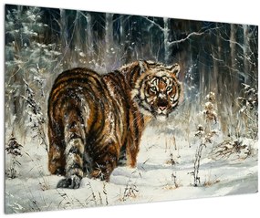 Obraz - Tiger v zasneženom lese, olejomaľba (90x60 cm)